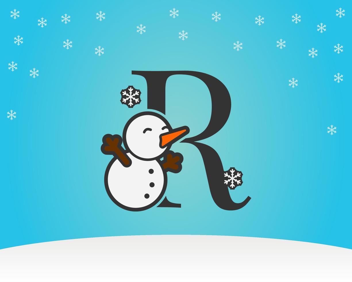 leuke en schattige letter r sneeuwman decoratie met sneeuwvlokken winter achtergrond vector