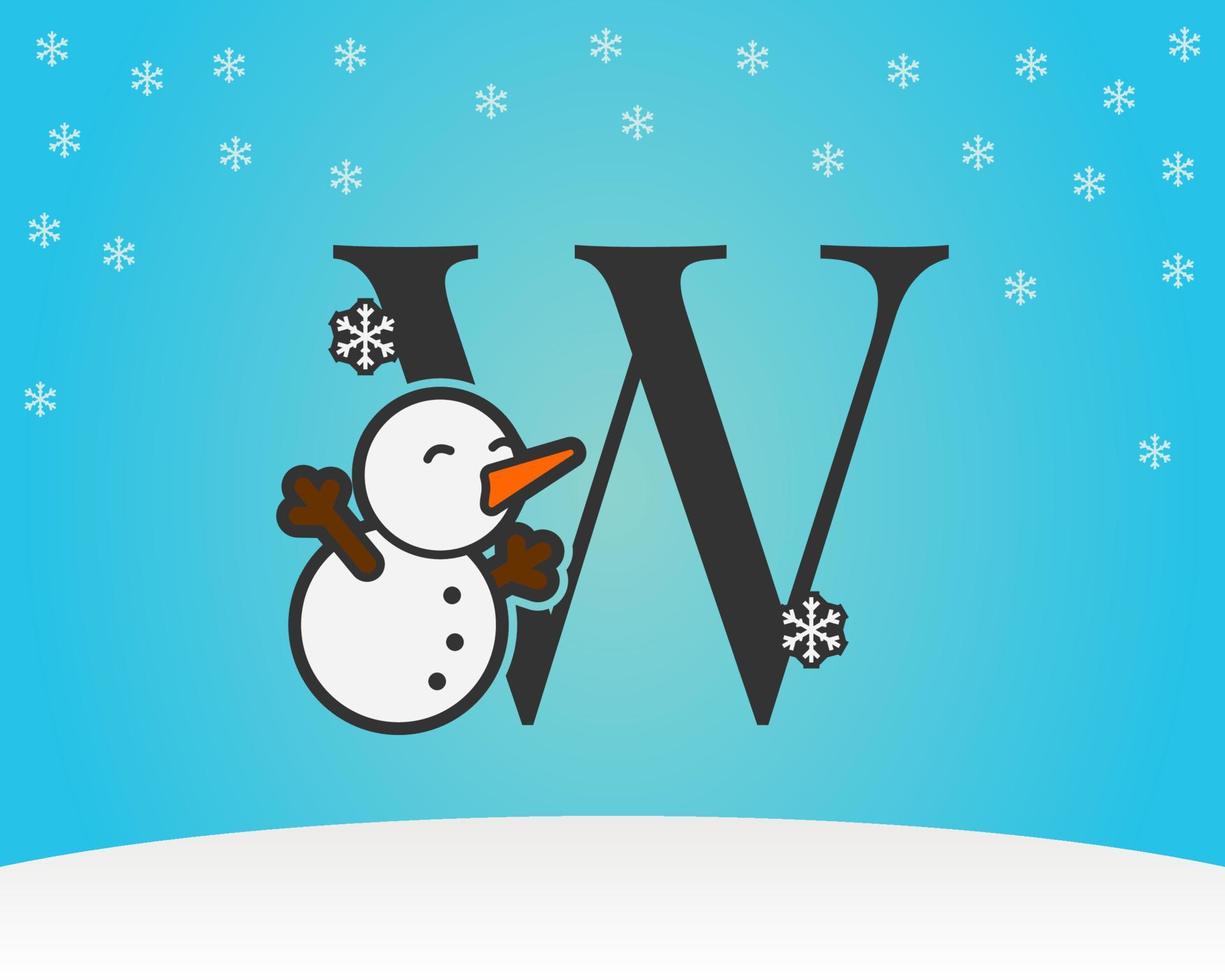 leuke en schattige letter w sneeuwmandecoratie met sneeuwvlokken winterachtergrond vector