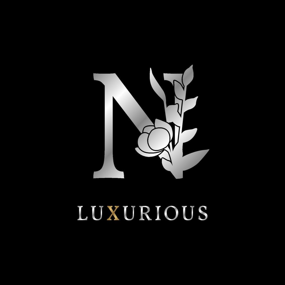 letter n bloem laat decoratie voor bruiloft, schoonheidsverzorging logo, personal branding identiteit, visagist of een ander koninklijk merk en bedrijf. luxe goud en zilver kleurstaal in dummy tekst vector