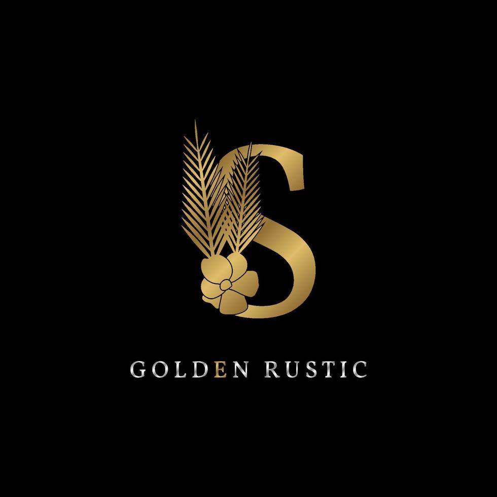 luxe letter s met bloem en palmbladeren gouden rustieke vintage merk voor koninklijk bedrijf, evenement of persoonlijke identiteit, salon, spa, mode, schoonheidsverzorging. zilverkleur in dummy tekst vector