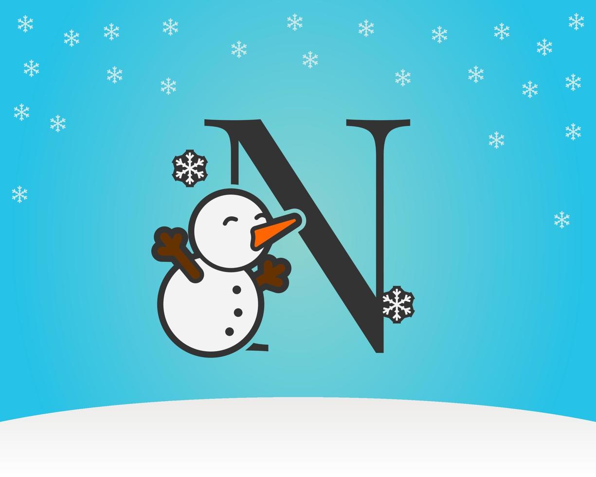 leuke en schattige letter n sneeuwmandecoratie met sneeuwvlokken winterachtergrond vector