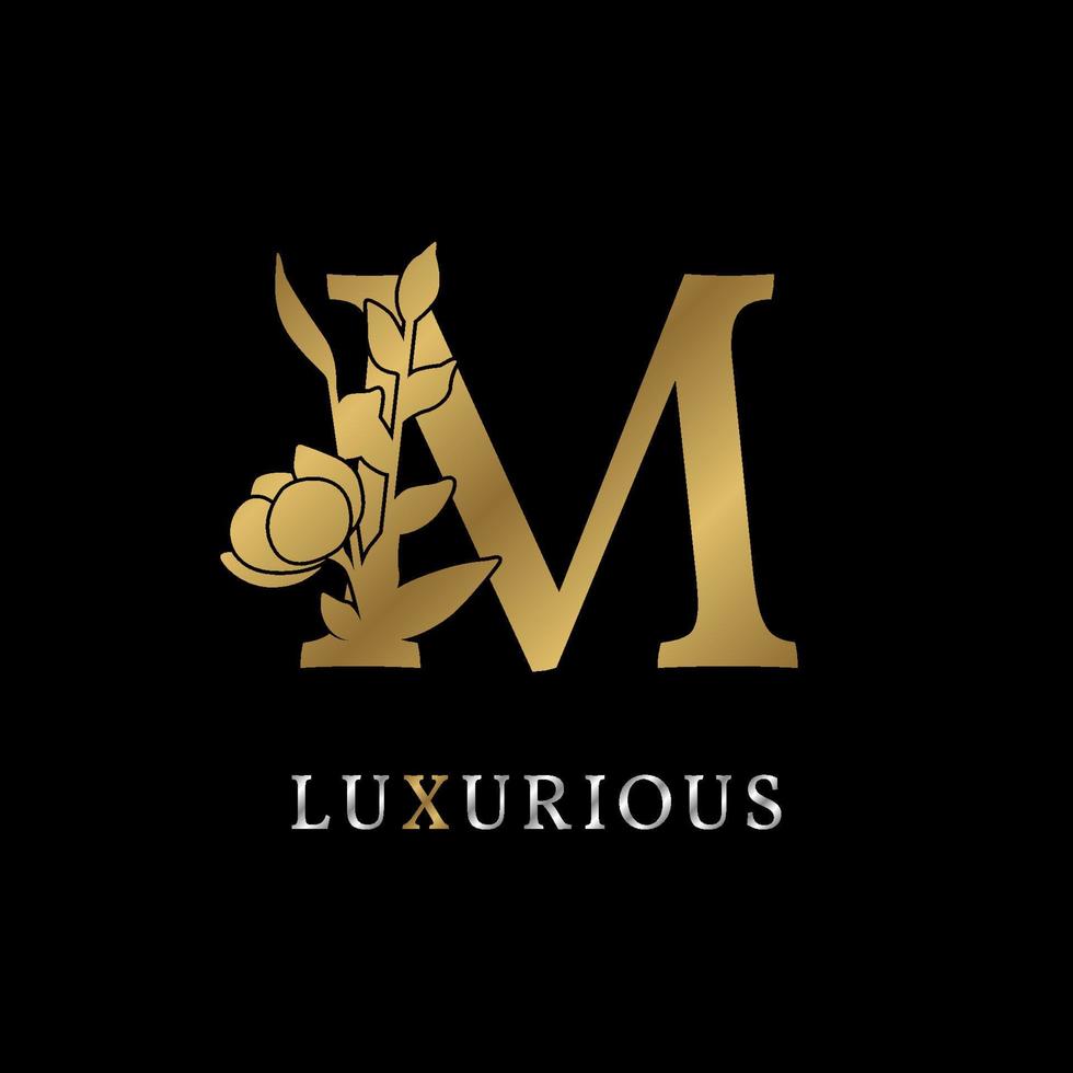 letter m bloemblaadjes decoratie voor bruiloft, schoonheidsverzorging logo, personal branding identiteit, visagist of een ander koninklijk merk en bedrijf. luxe goud en zilver kleurstaal in dummy tekst vector