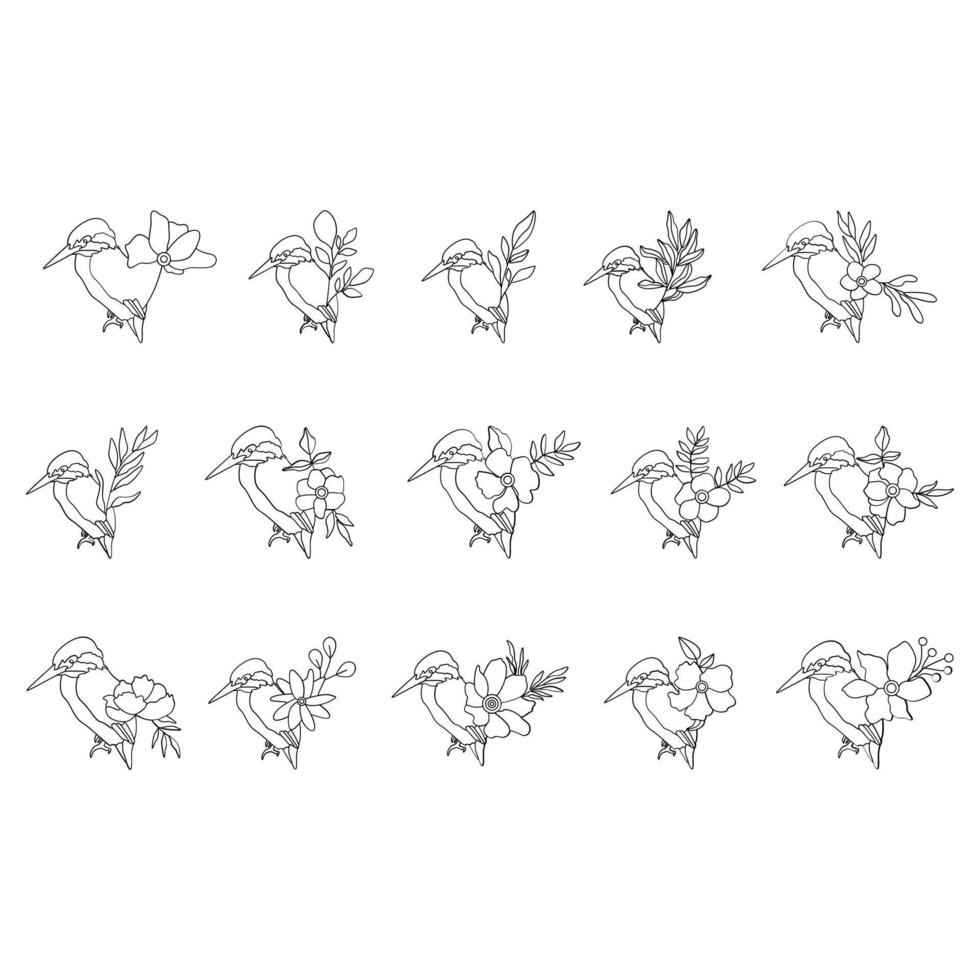 vogel lijn kunststijl met bloem en bladeren vector