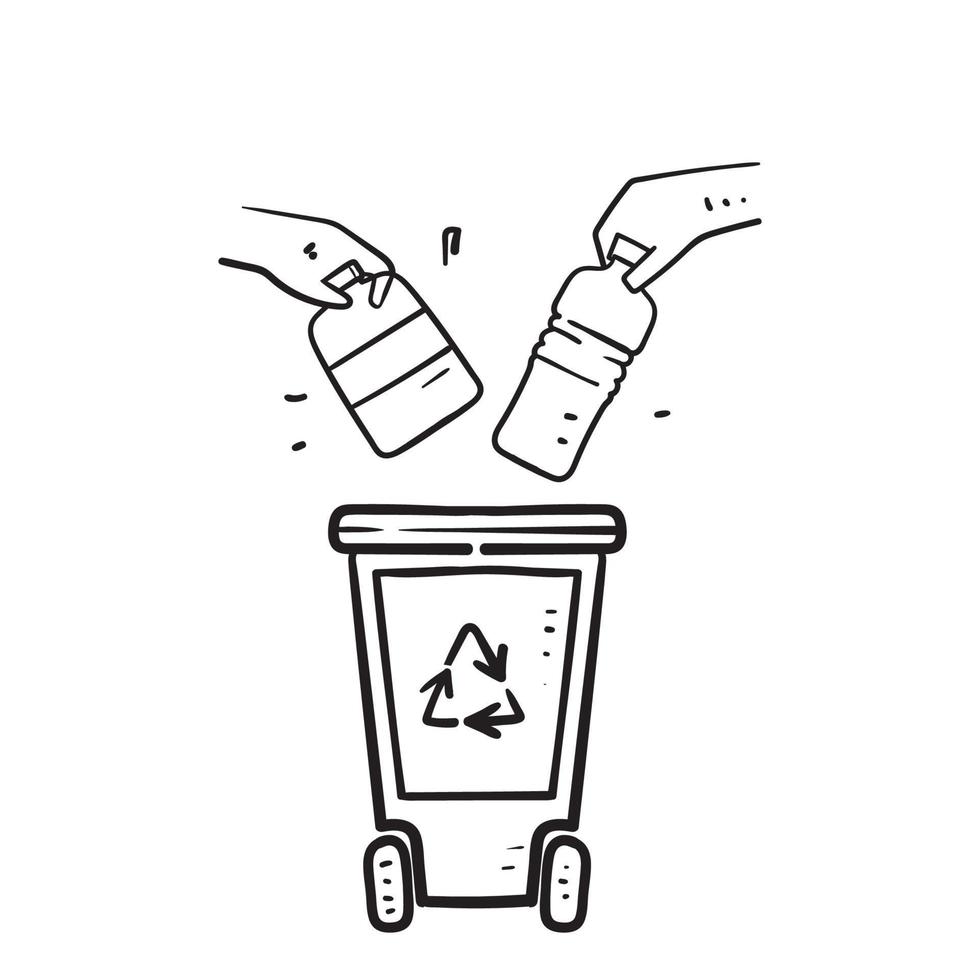 hand getrokken doodle gooi plastic flessen in de prullenbak illustratie vector