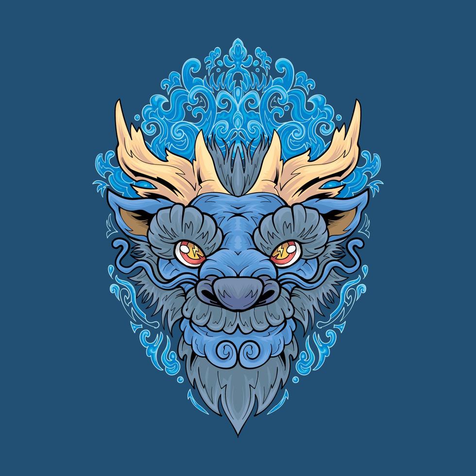 blauwe chinese drakenkop met ornamentillustratie premium vector