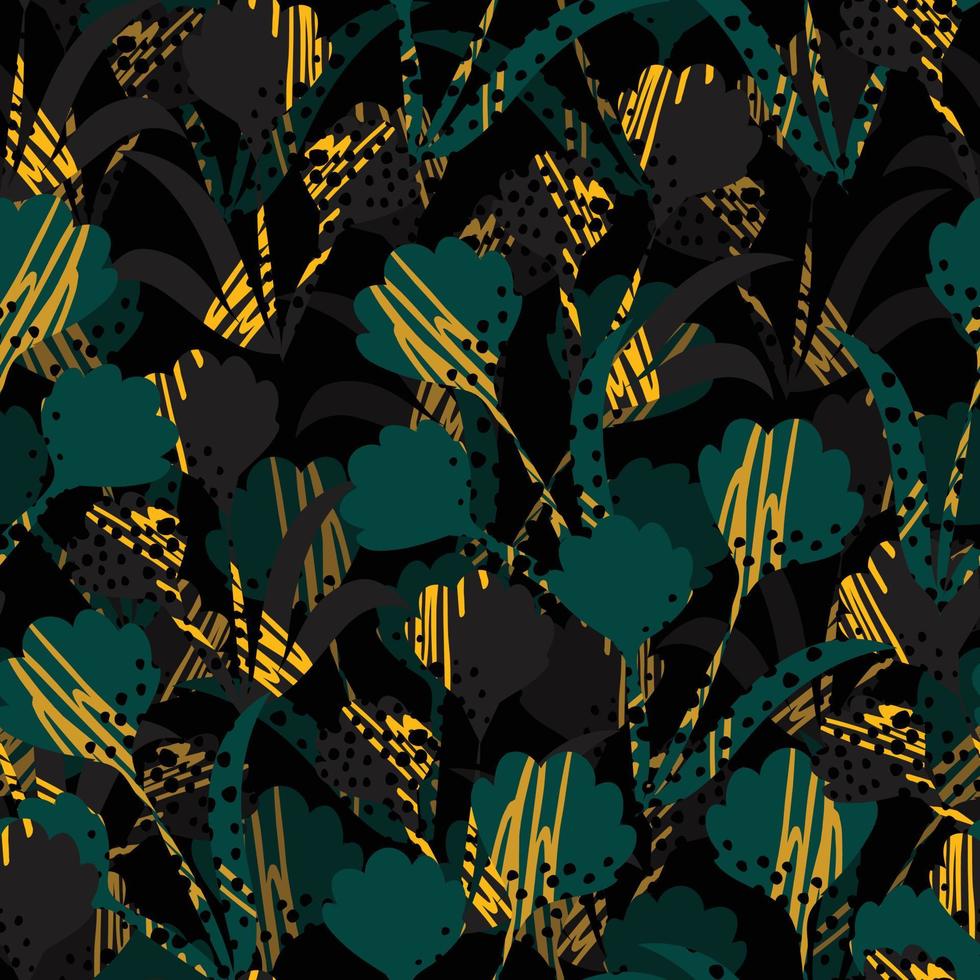 naadloos abstract junglepatroon op zwarte achtergrond, wenskaart of stof vector