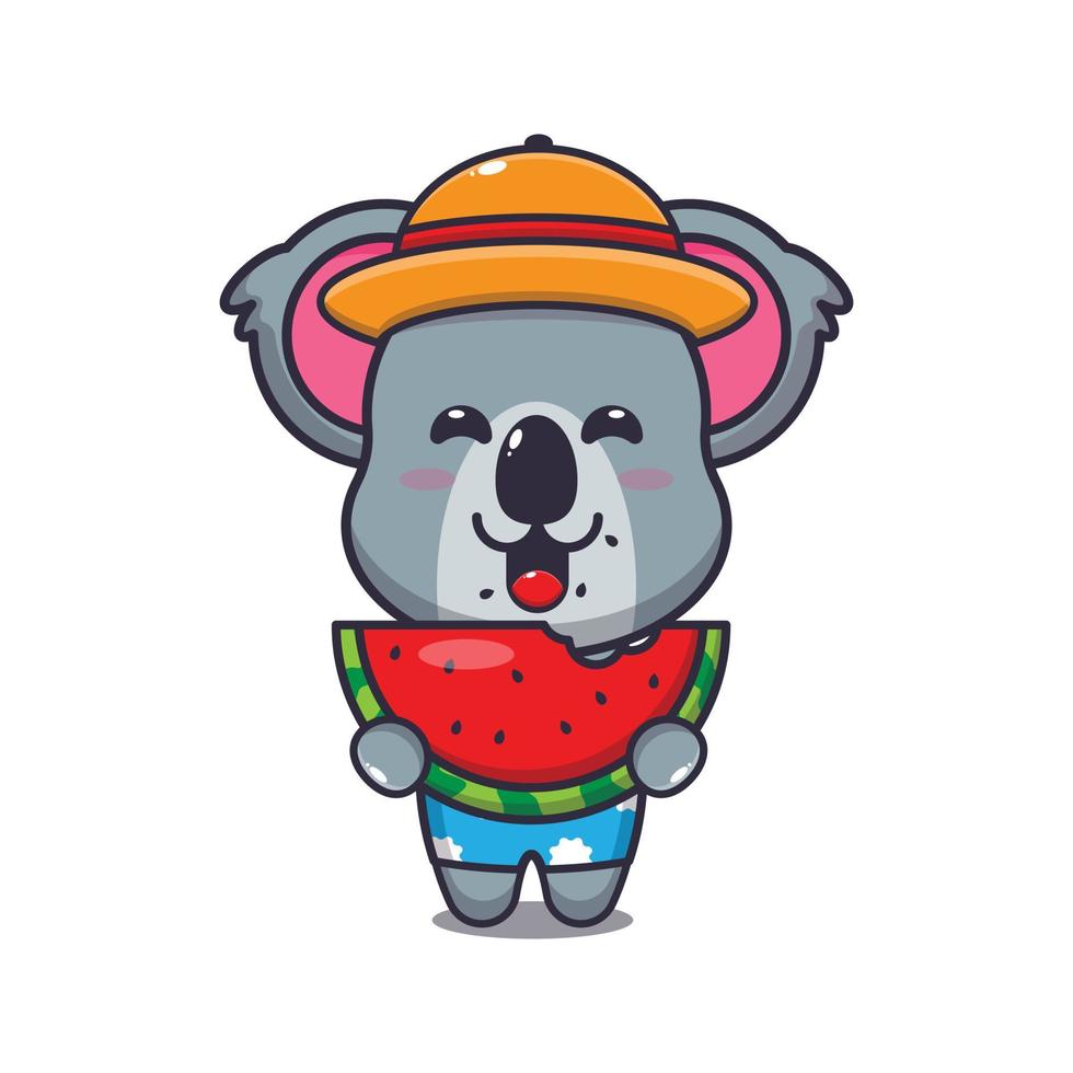 schattige koala stripfiguur mascotte eet verse watermeloen vector