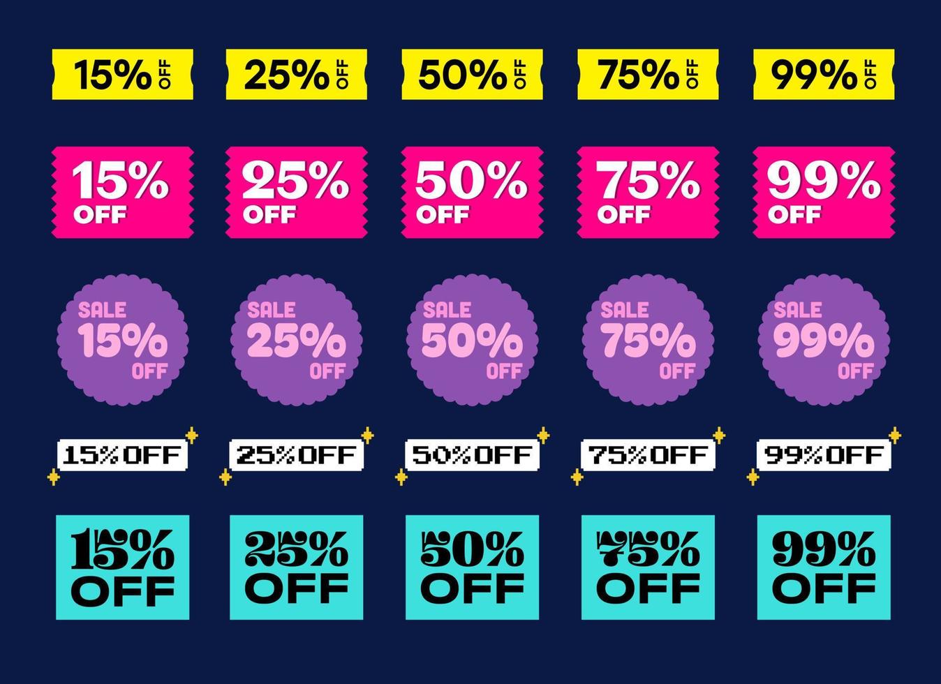 set promotionele verkoopborden en speciale aanbieding, vectorbadges. verschillende korting kleurrijke ontwerpen, cyber maandag, zwarte vrijdag, seizoensgebonden verkoop. vector