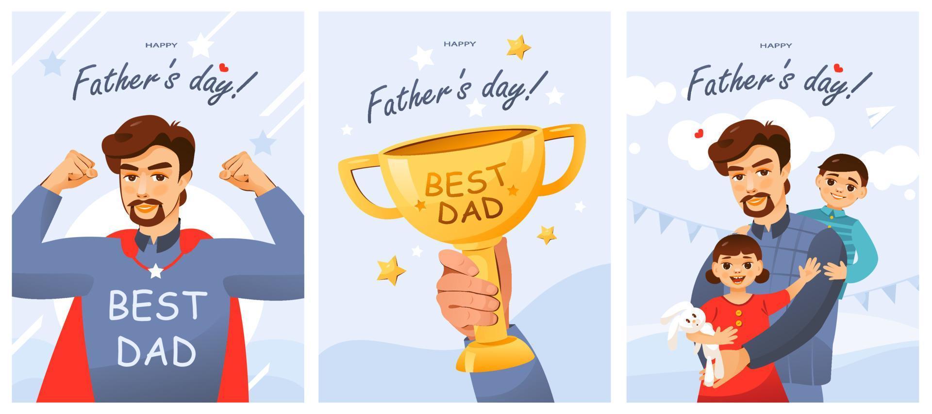 een set ansichtkaarten voor vaderdag. de beste vader. vader met kinderen. cartoon vectorillustratie vector