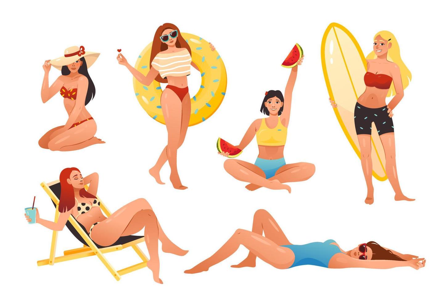 jonge meisjes zijn bezig met zomervakanties op het strand - zonnebaden, wandelen met surfplanken, zwemmen met een opblaasbare cirkel, fruit eten. stripfiguren geïsoleerd op een witte achtergrond vector