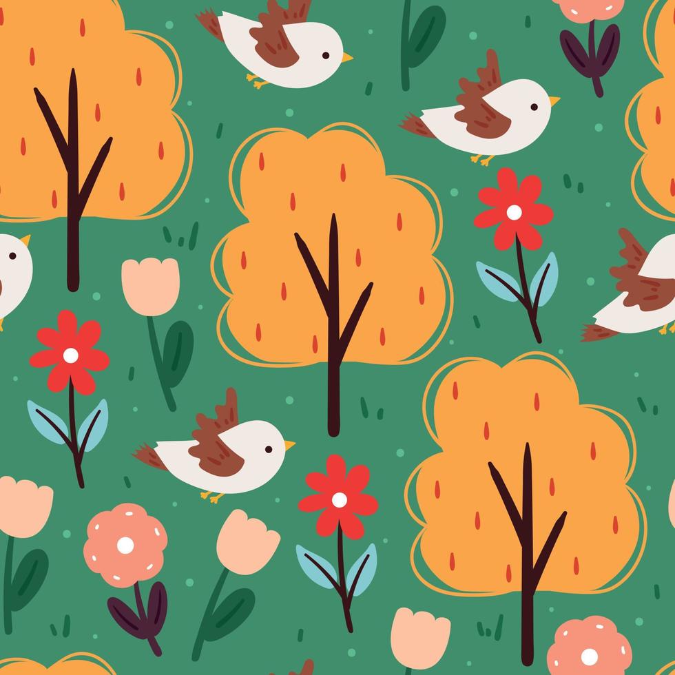 naadloze patroon vogel, boom, bloem en plant. schattig behang voor kinderen, stoffenprint, textiel vector