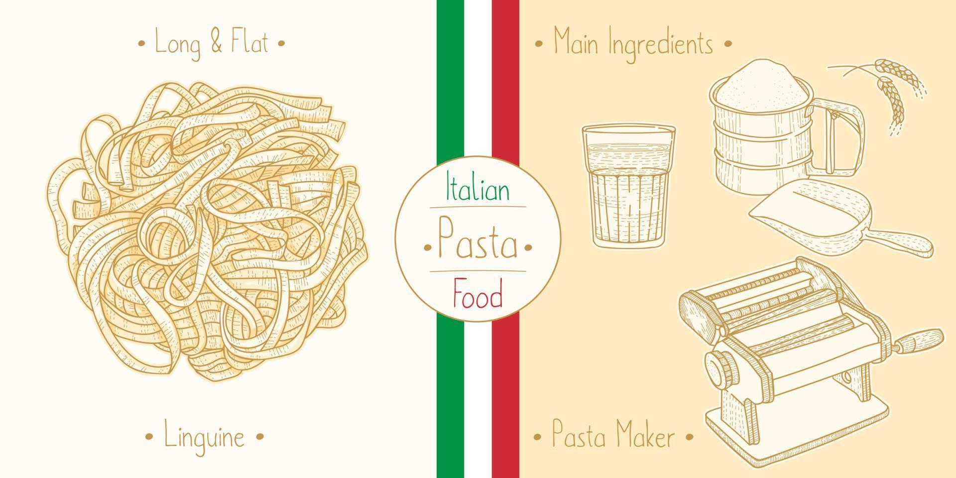 Italiaans eten linguine pasta en hoofdingrediënten en apparatuur voor pastamakers koken, illustratie schetsen in vintage stijl vector