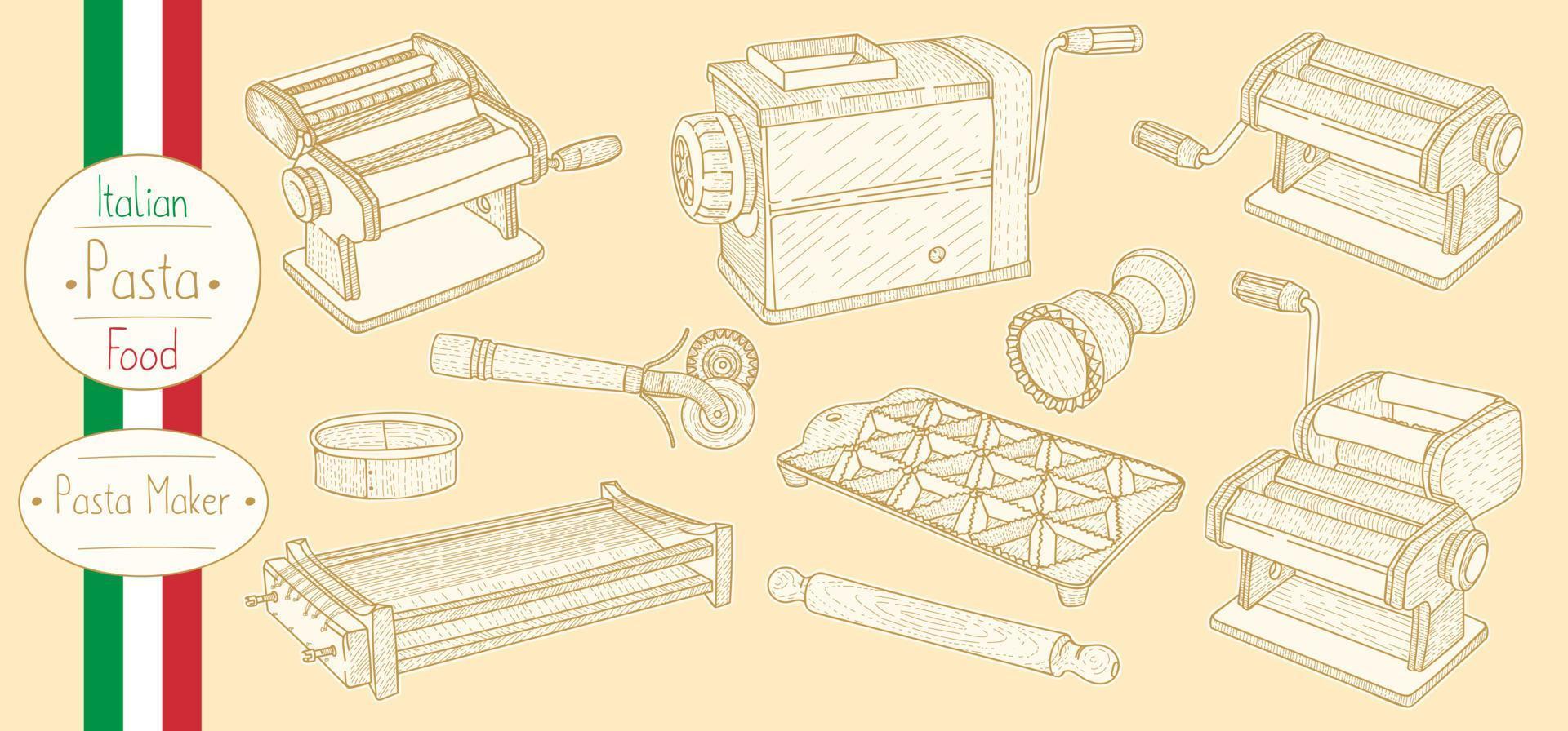 Pasta maker apparatuur voor het koken van Italiaans eten, illustratie schetsen in vintage stijl vector