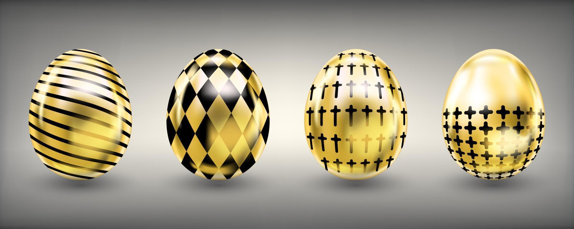Pasen glanzende blik gouden eieren met zwarte kruisen en kruimels vector
