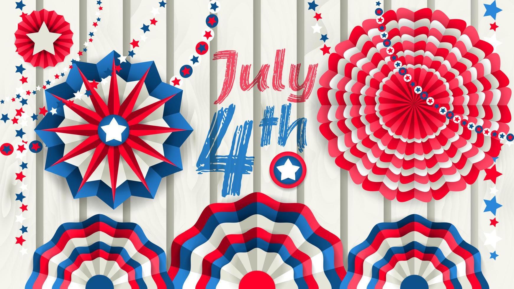 4 juli banner met ronde papieren waaiers voor wanddecoratie, rood, blauw en wit. vector