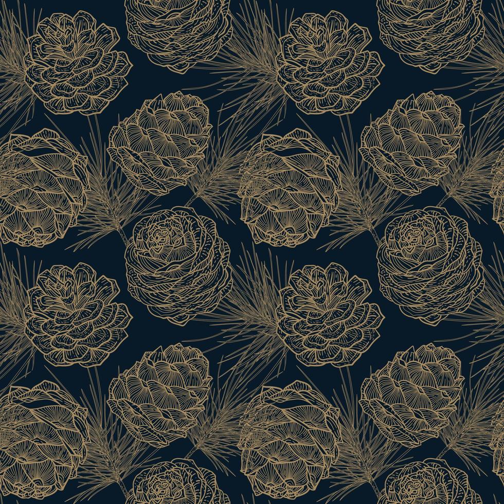 diepblauw naadloos patroon van kerst gouden ceder takken en kegels vector