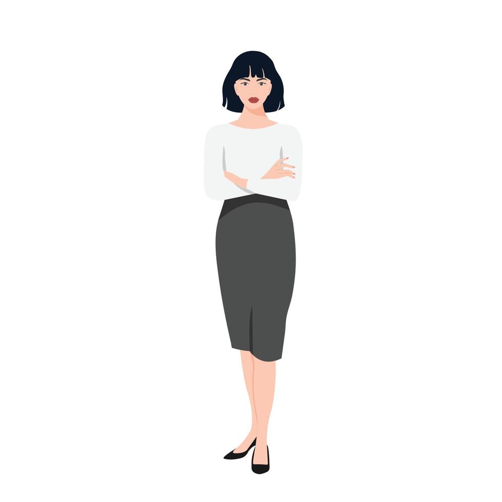zakenvrouw in pak, shirt en rok, poseren tegen een witte achtergrond. mooi succesvol meisje in realistische stijl. vector