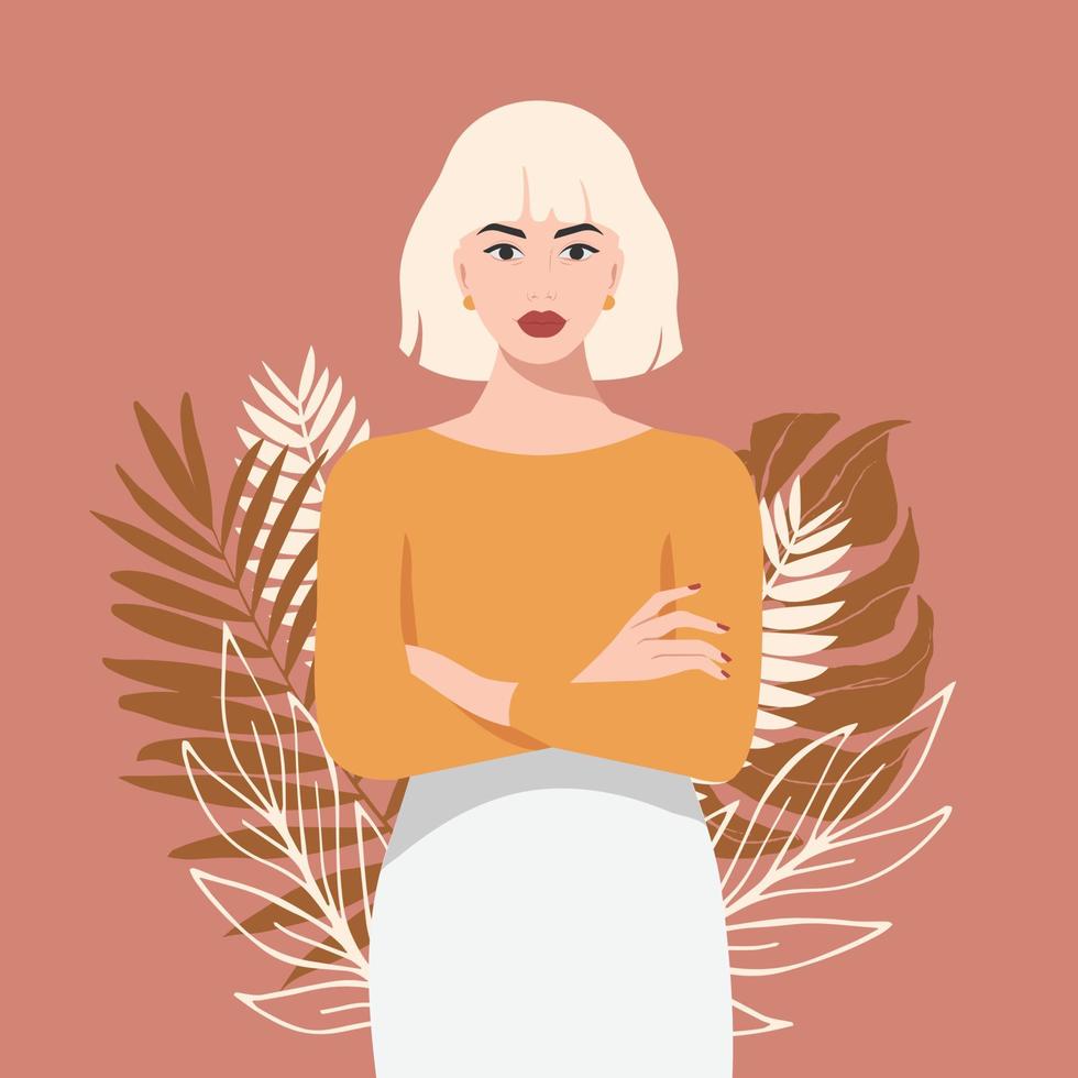 mooi blond meisje op tropische achtergrond in trendy kleuren. de illustratie is in een realistische stijl vector