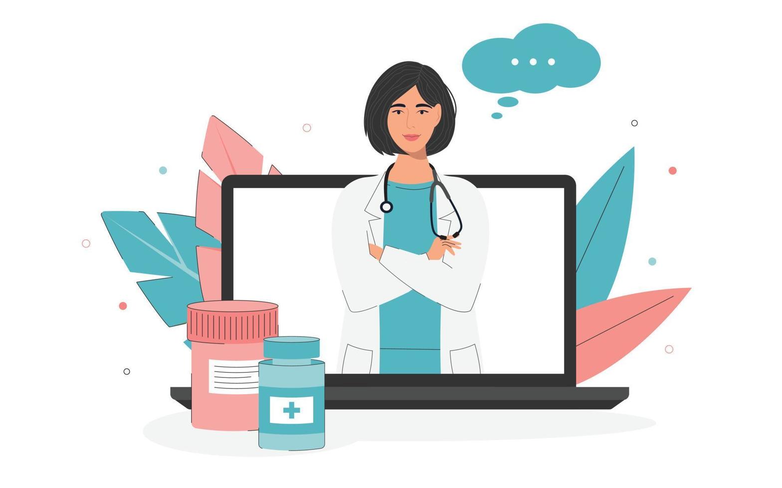 het concept van een online doktersconsult over medicijnen in roze en blauwe kleuren. online geneeskunde, gezondheidszorg, medische diagnostiek. illustratie van een arts-vrouw van een laptop in een vlakke stijl. vector