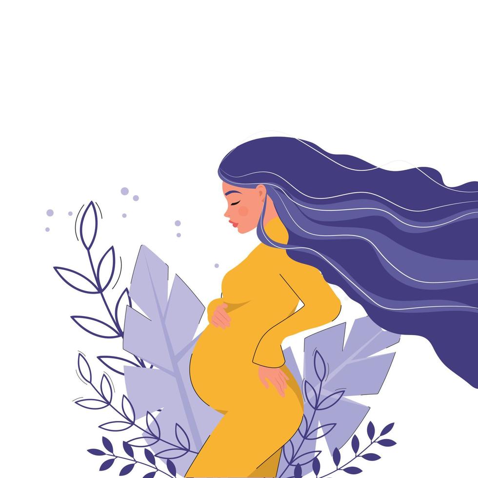 poster van een mooi zwanger meisje tegen een achtergrond van abstracte bladeren op een witte achtergrond vector