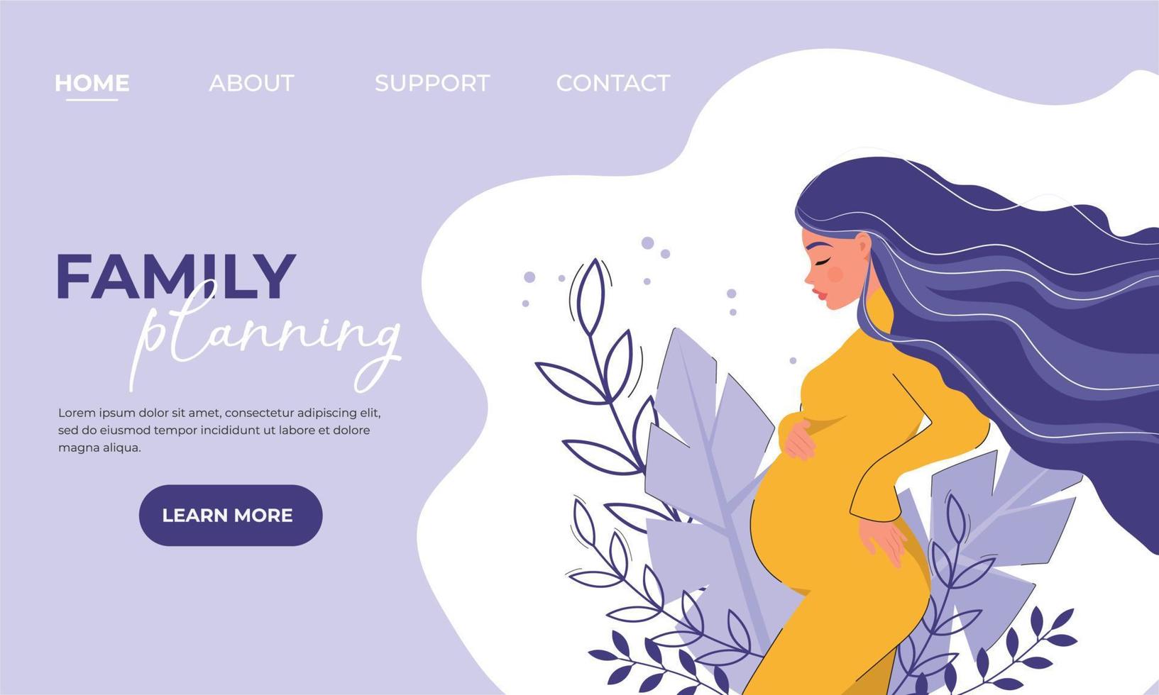 landingspagina van de website voor gezinsplanning, een site voor zwangere vrouwen en degenen die plannen hebben, met een afbeelding van een zwanger meisje vector