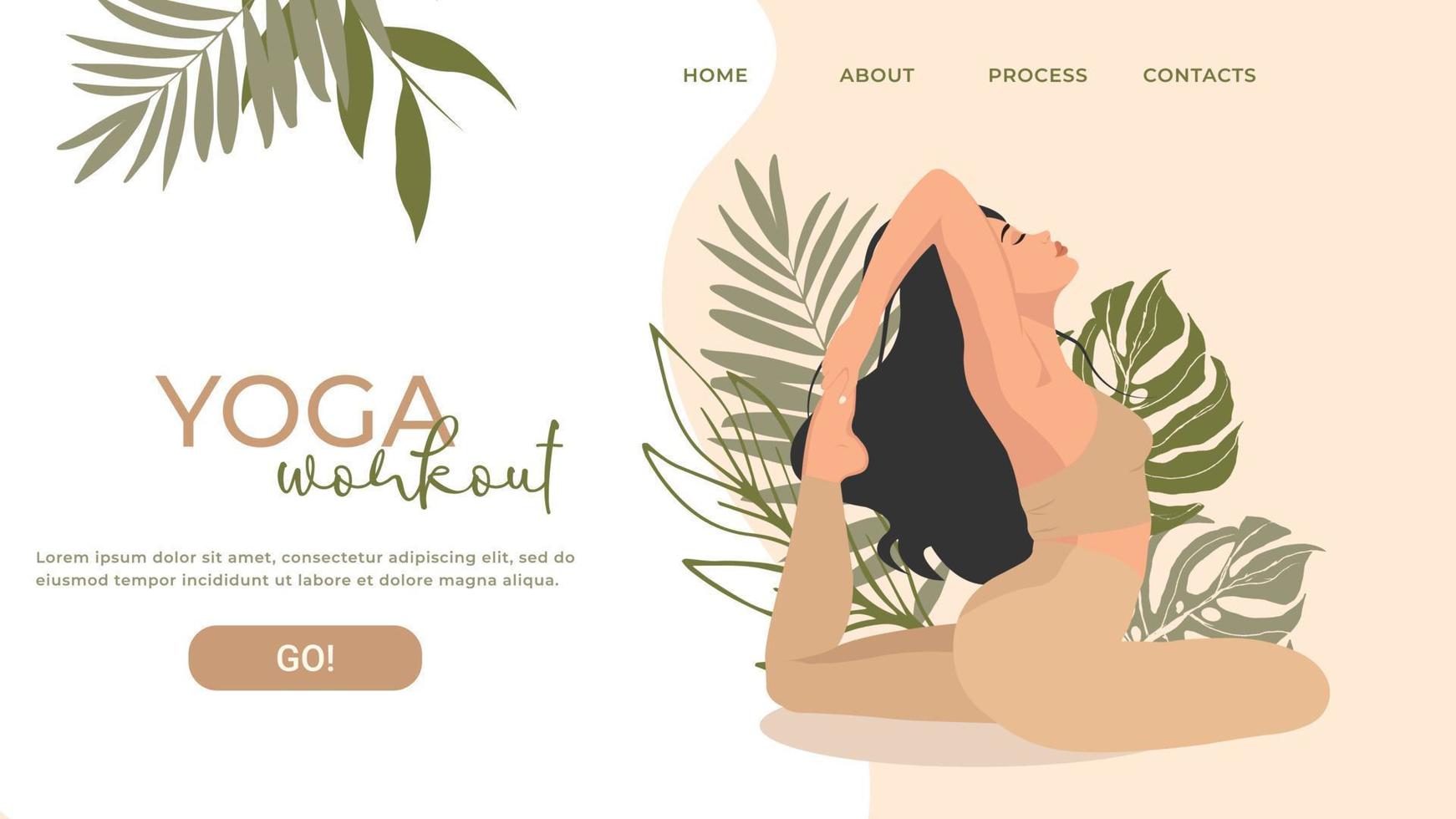 webpaginasjabloon voor yogaschool, studio. modern ontwerp voor een website. vrouw doet een yoga-oefening, yoga pose. in pastelkleuren. vector