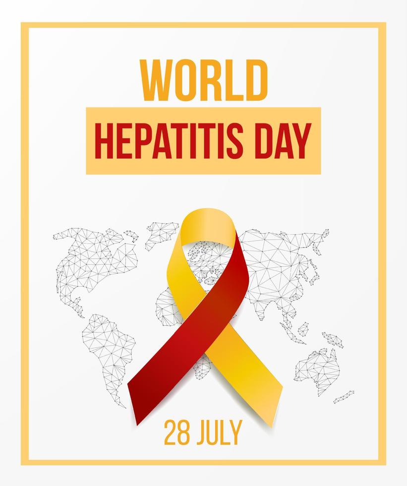 wereld hepatitis dag concept. sjabloon voor spandoek met rood en geel lint bewustzijn, tekst en wereldkaart. vectorillustratie. vector