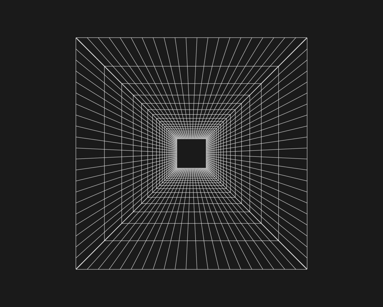 cyber grid, retro punk perspectief rechthoekige tunnel. raster tunnel geometrie op zwarte achtergrond. vectorillustratie. vector