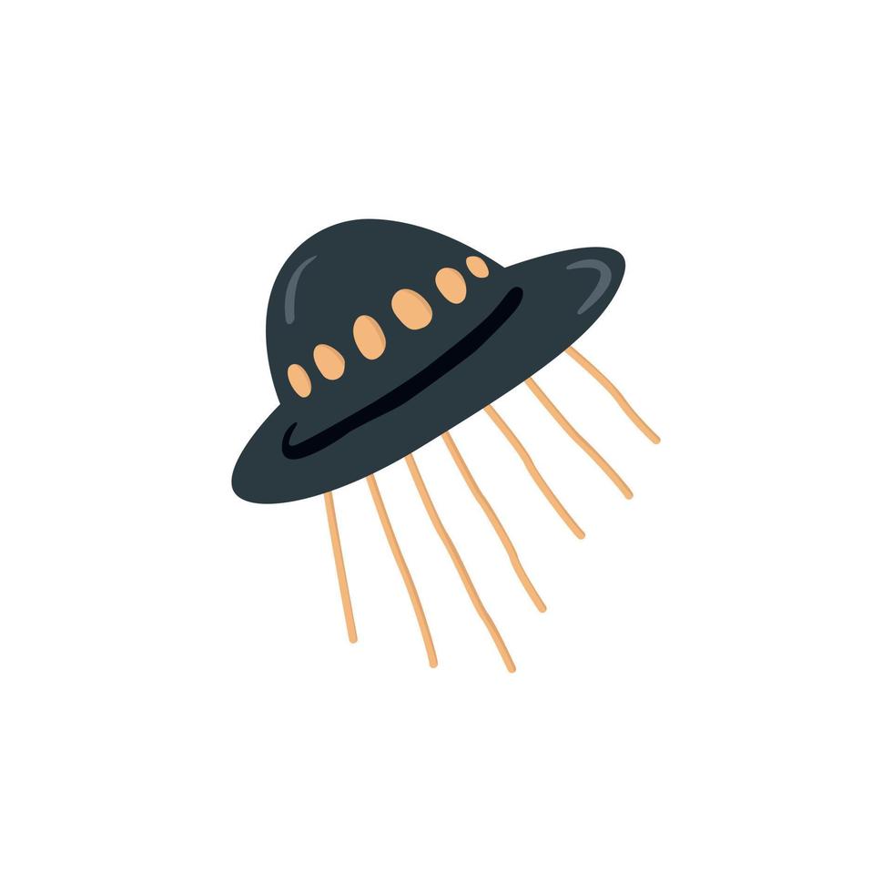 hand getrokken vliegende schotel vlakke stijl, vectorillustratie geïsoleerd op een witte achtergrond. ufo, donkergrijs buitenaards ruimteschip, licht in ramen, intergalactisch reisconcept vector