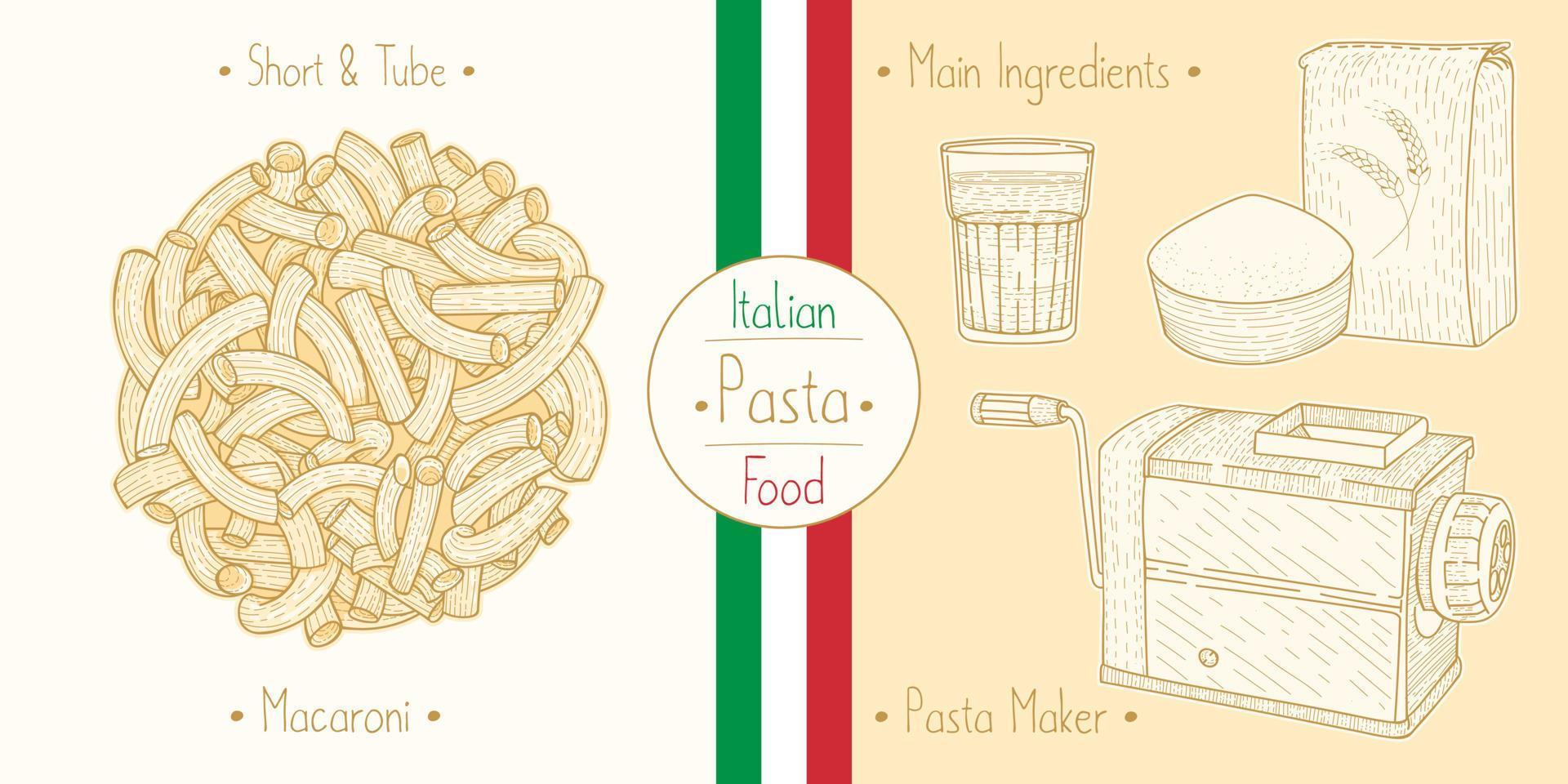 Italiaans eten koken elleboogvormige pasta aka macaroni en hoofdingrediënten en apparatuur voor pastamakers, illustratie schetsen in vintage stijl vector