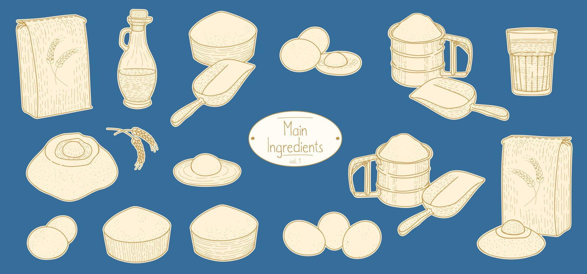 Hoofdingrediënten voor Italiaans eten pasta recept, schetsen van illustratie in retro stijl vector