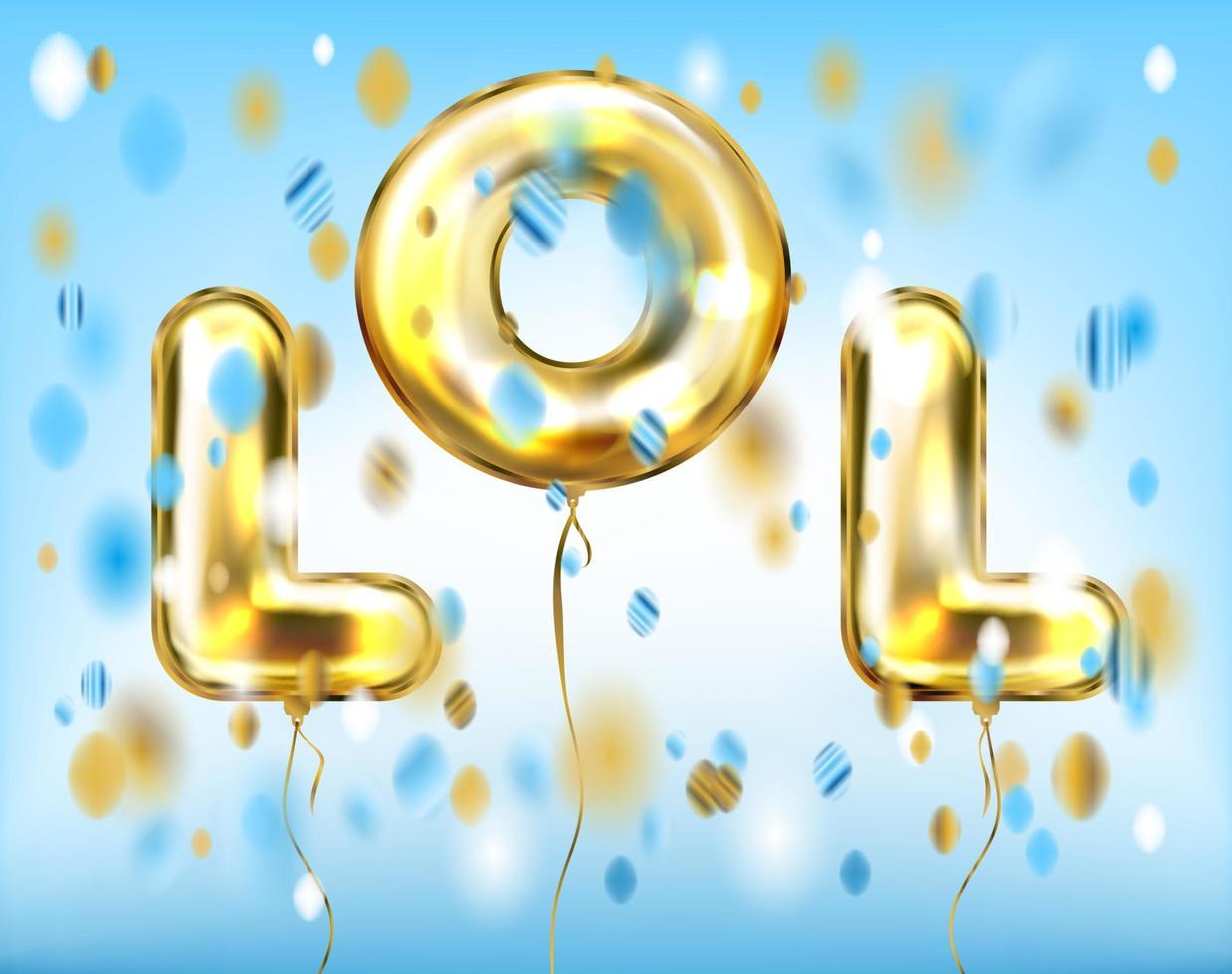 lol belettering door folie gouden ballonnen in blauwe lucht met confetti vector