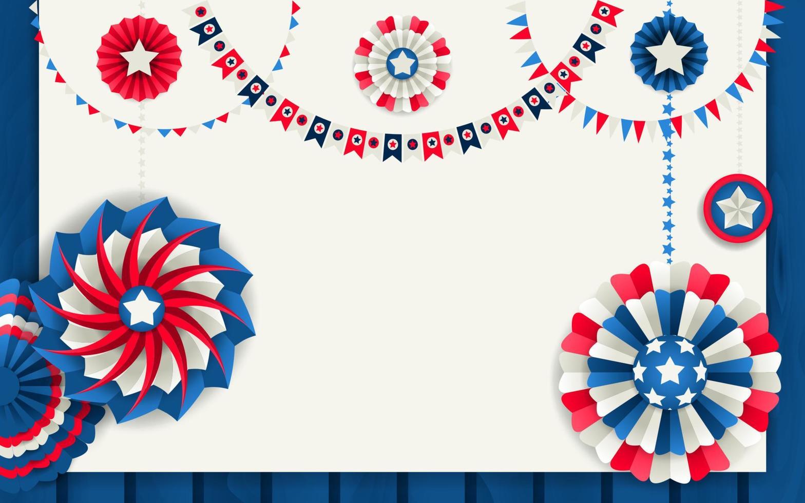 patriottische sjabloon met papieren pinwheels en slingers. rode, blauwe en witte kleuren vector