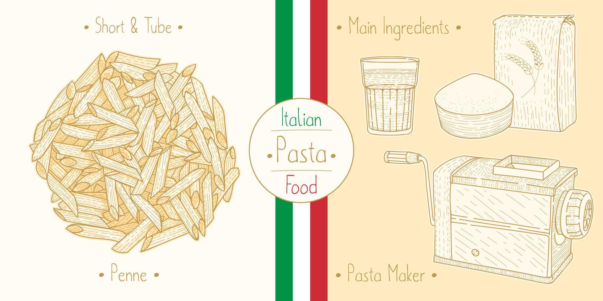 Italiaanse foodtube pasta penne en hoofdingrediënten en apparatuur voor pastamakers koken, illustratie schetsen in vintage stijl vector