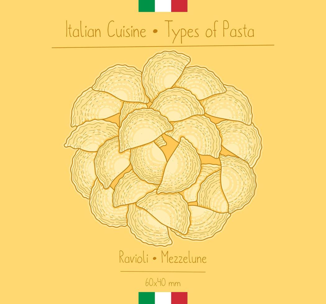 Italiaans eten halfronde ravioli pasta aka mezzelune, illustratie schetsen in de vintage stijl vector