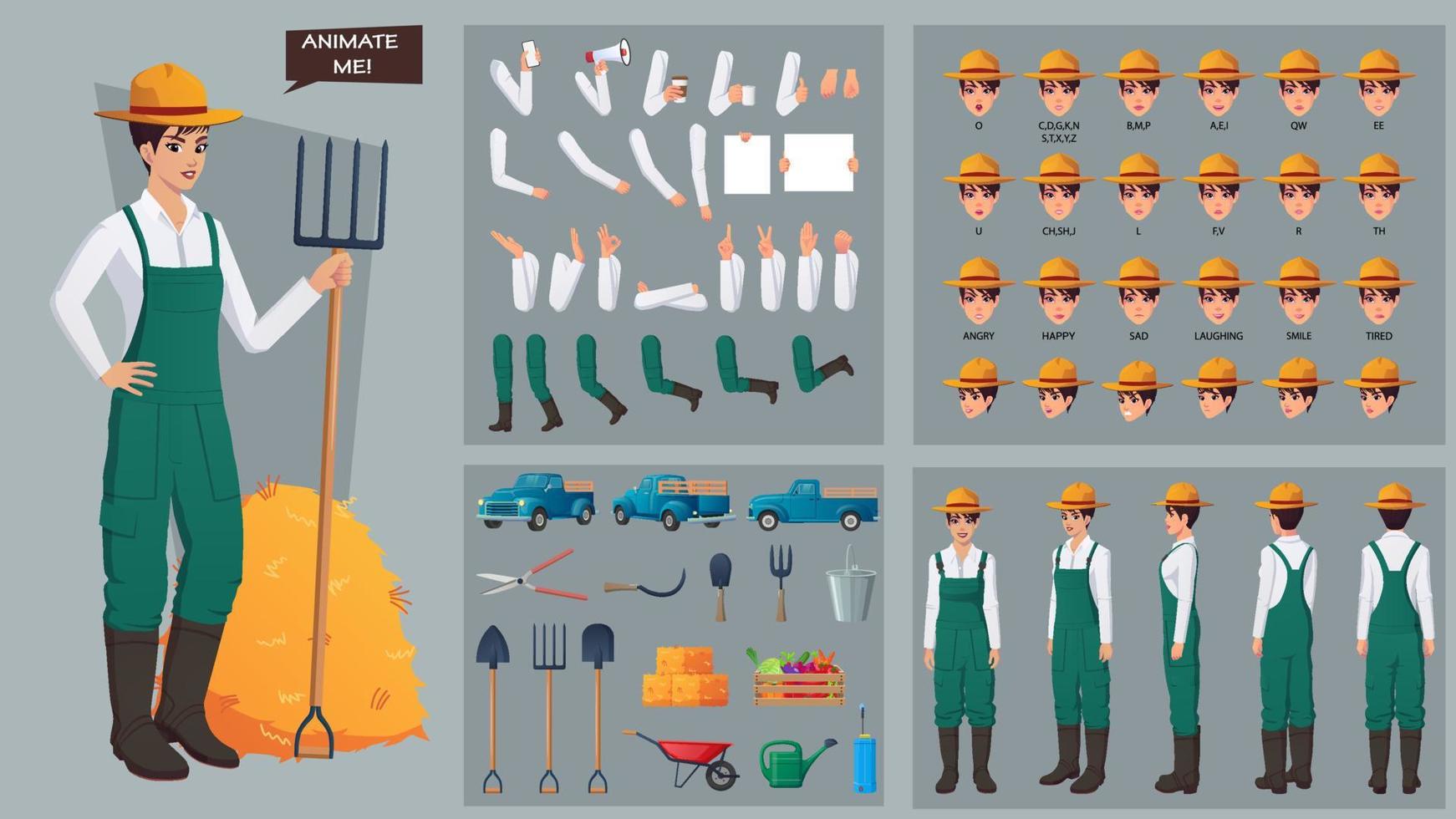 vrouwelijke boer karakter constructor set met verschillende gebaren en poses, tools en gezichtsuitdrukkingen met lip sync premium illustratie vector