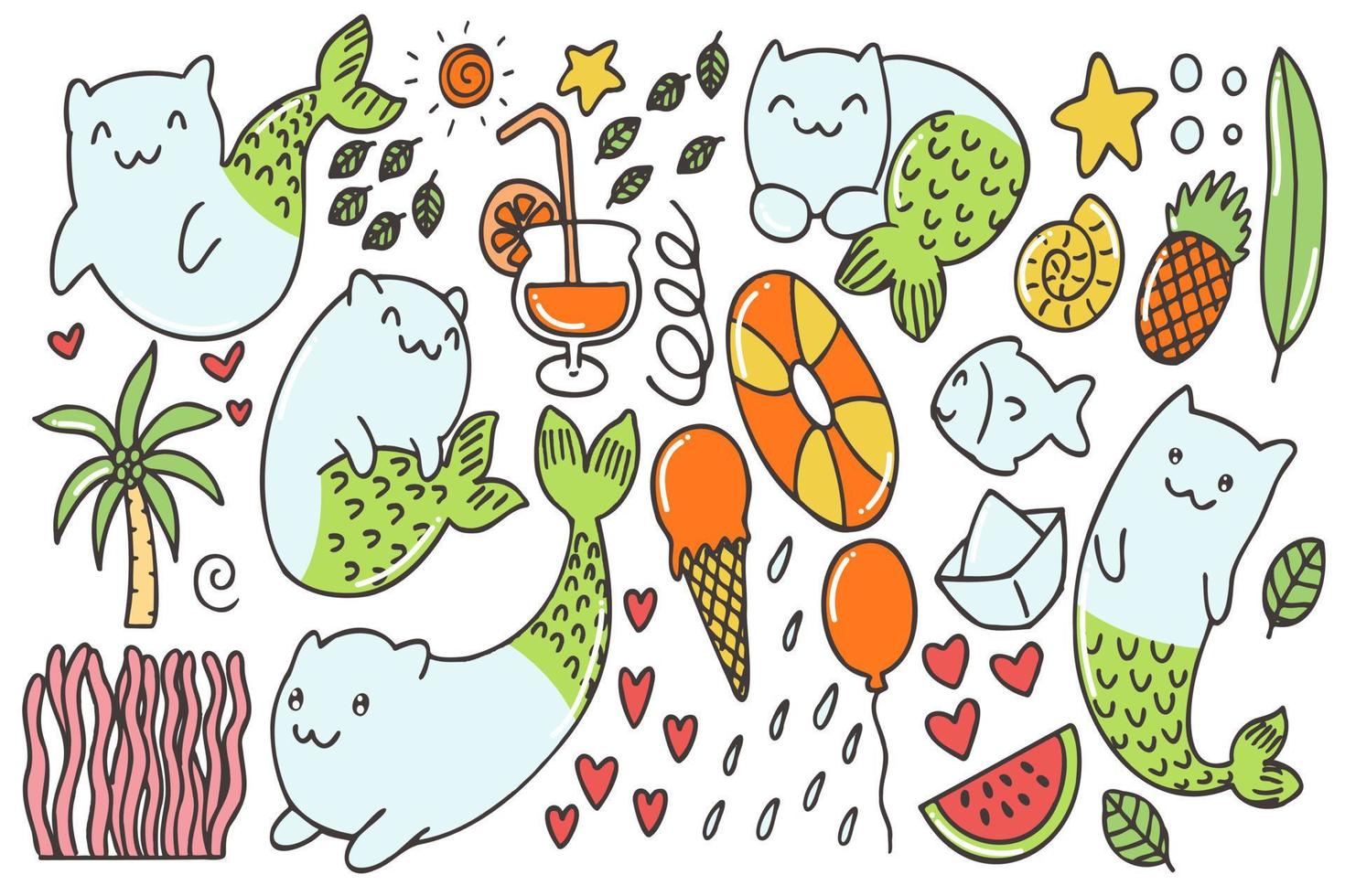 set kawaii kattenzeemeermin voor zomerkunst vector