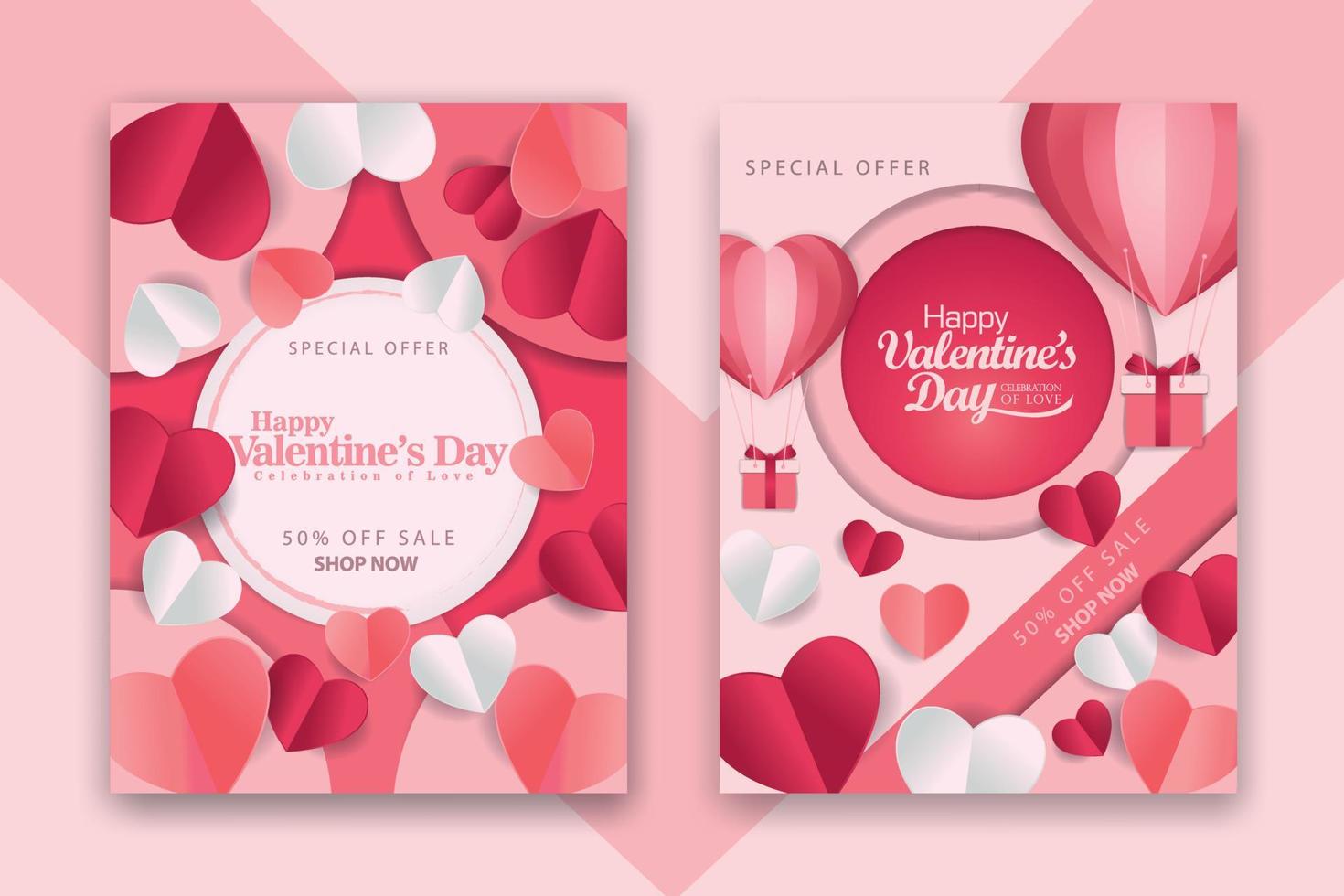 Valentijnsdag concept posters set met rode 3d en roze papieren harten en frame op geometrische achtergrond. schattige liefdesverkoopbanners of wenskaarten vector