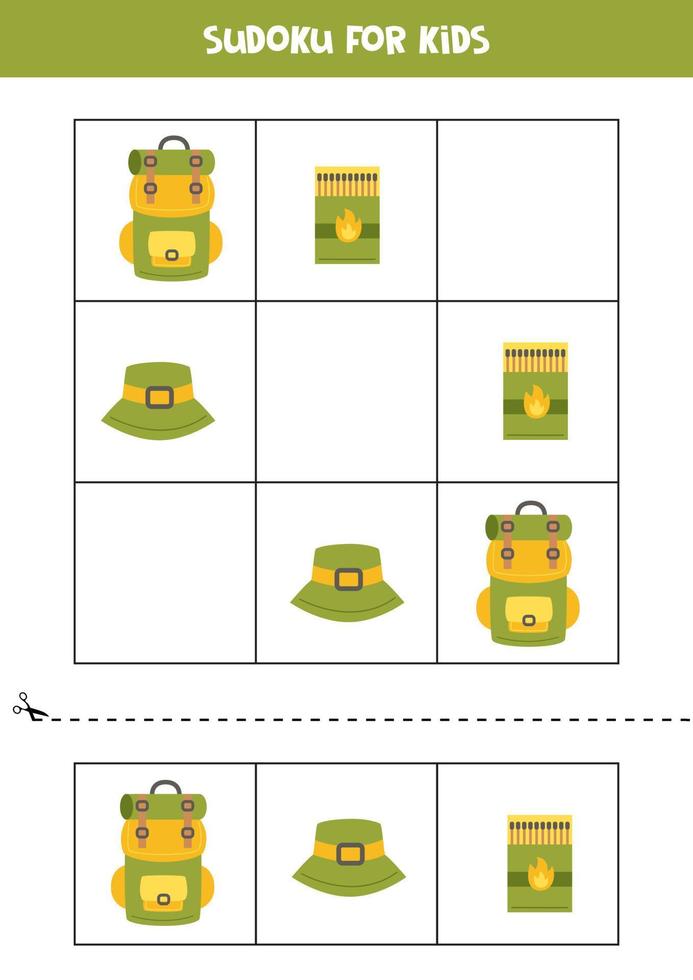 educatief sudoku-spel met kampeerelementen voor kinderen. vector