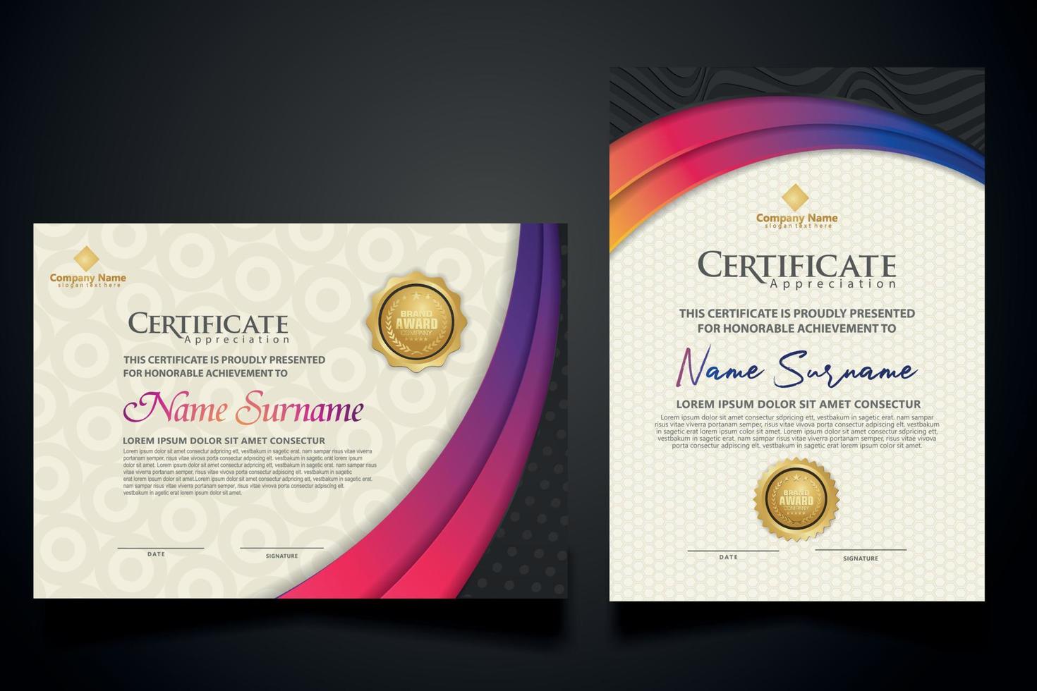 certificaatsjabloon met luxe realistisch structuurpatroon en dynamische vormen samenstelling gradiëntkleuren, diploma, vectorillustratie vector