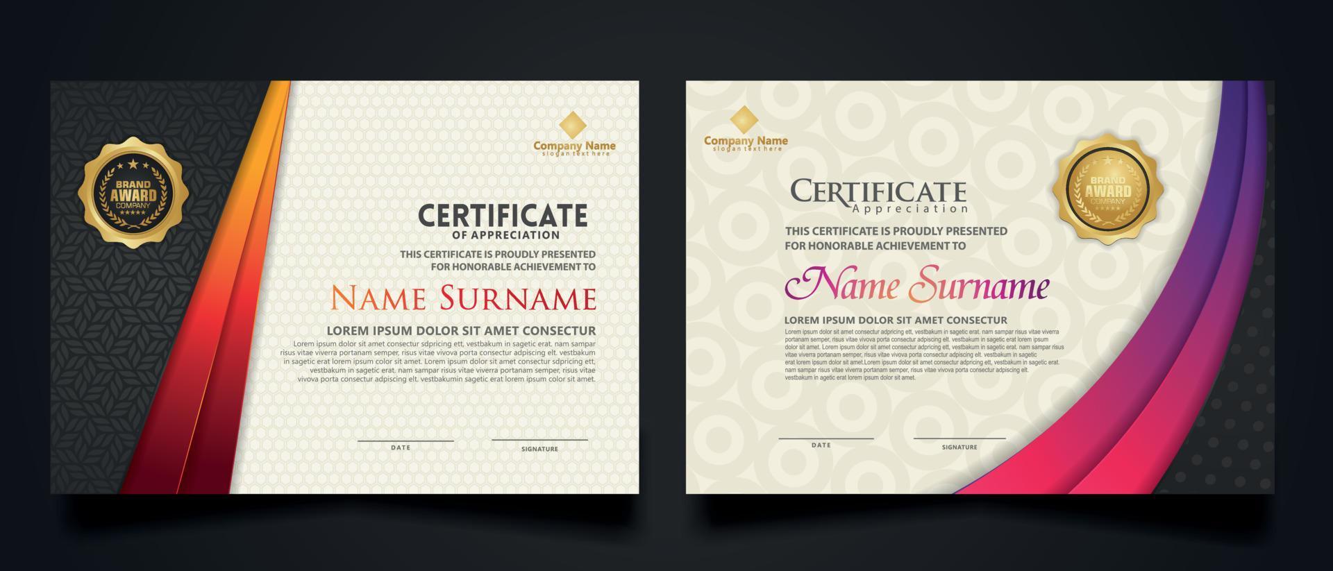 certificaatsjabloon met luxe realistisch structuurpatroon en dynamische vormen samenstelling gradiëntkleuren, diploma, vectorillustratie vector