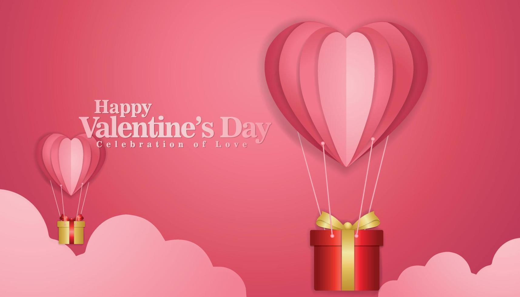 happy Valentijnsdag typografie vector design met papier gesneden rood hart vorm hete lucht ballonnen vliegen op witte achtergrond. vectorillustratie.