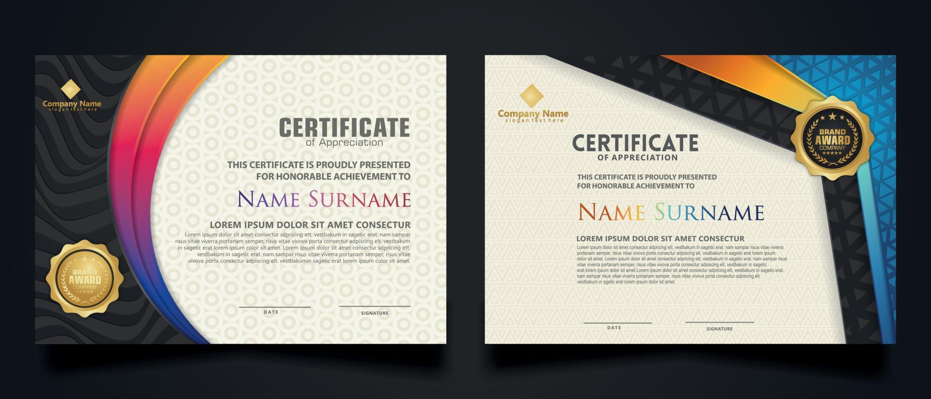 certificaatsjabloon met luxe realistisch structuurpatroon en dynamische vormen samenstelling gradiëntkleuren, diploma, vectorillustratie vector