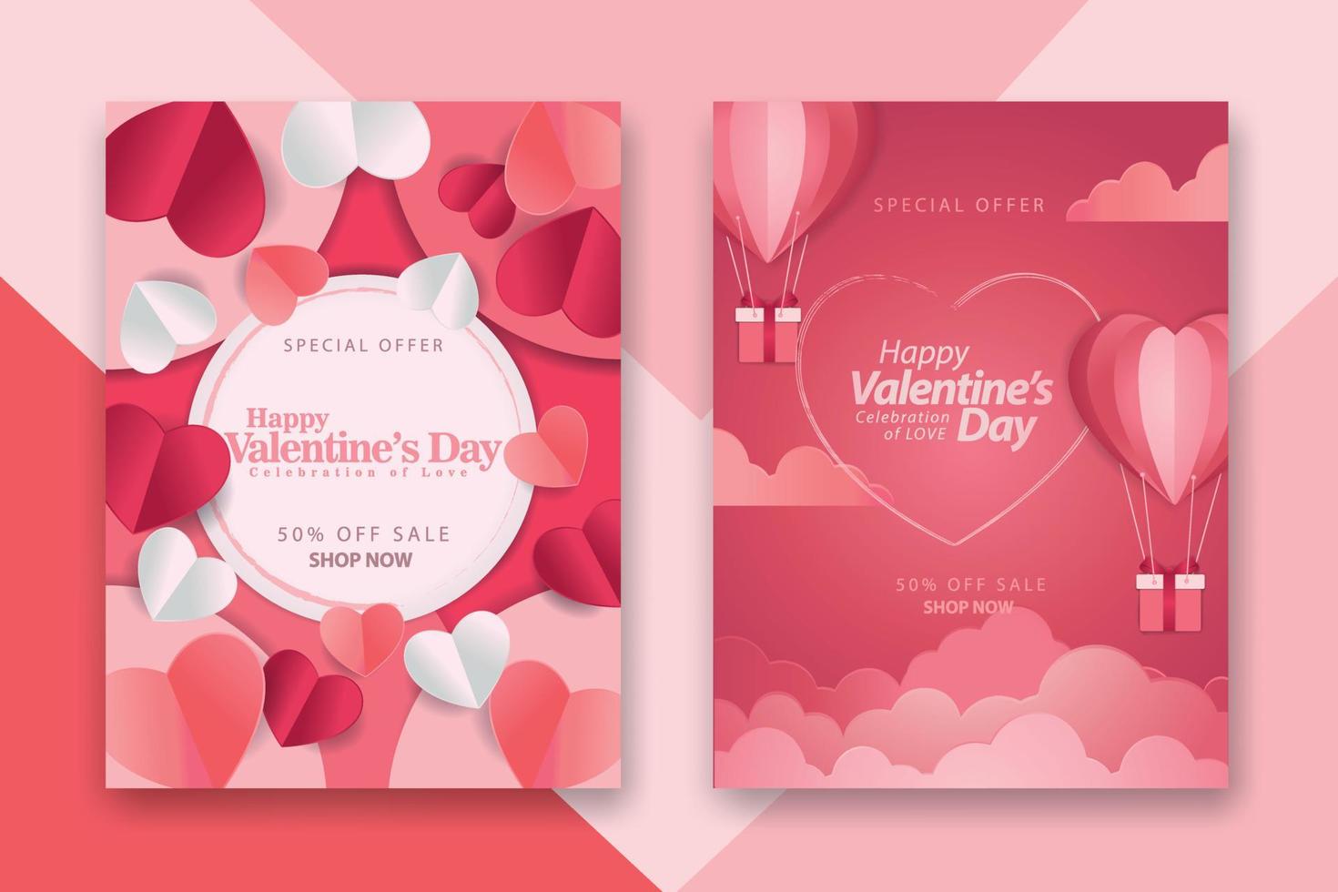 Valentijnsdag concept posters set met rode 3d en roze papieren harten en frame op geometrische achtergrond. schattige liefdesverkoopbanners of wenskaarten vector