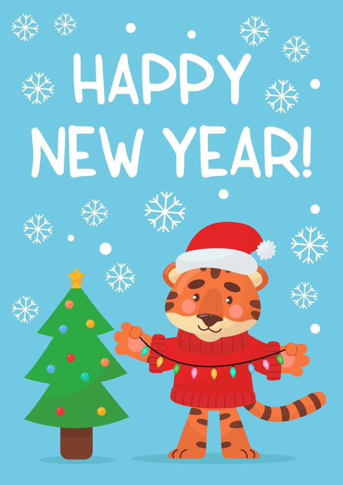 nieuwjaarswenskaartsjabloon of uitnodiging met een schattige tijger die de kerstboom siert. vector