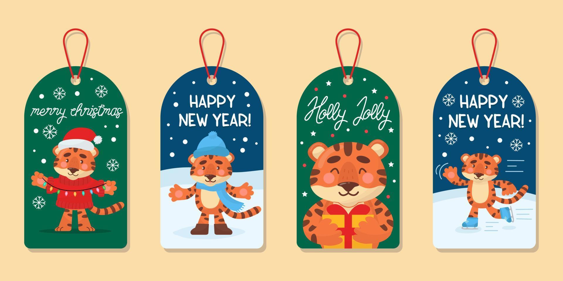 kerstcollectie van schattige tags. etiketten met cartoon grappige tijger. vectorillustratie. vector