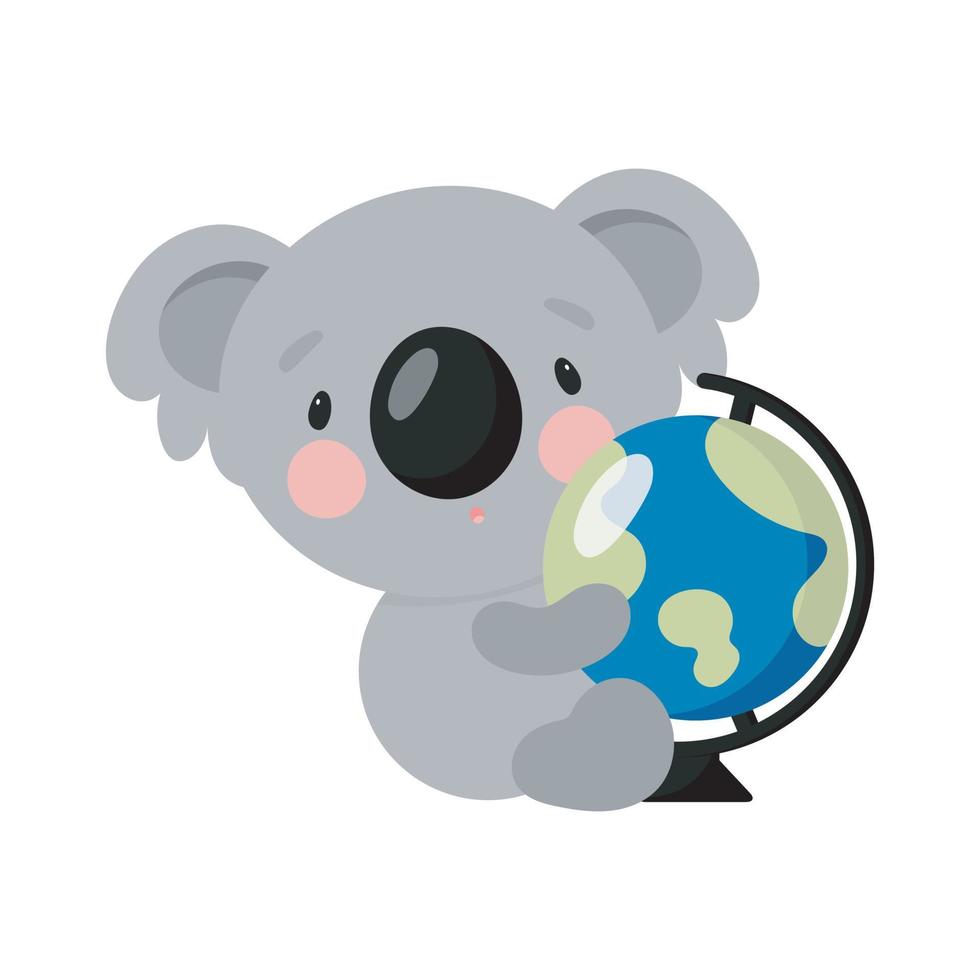 schattige koala met wereldbol. cartoon-stijl. vectorillustratie. voor kaarten, posters, banners, boeken, bedrukking op de verpakking, bedrukking op kleding, stof, behang, textiel of servies. vector