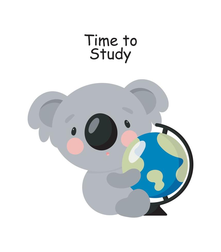 schattige koala met wereldbol. cartoon-stijl. vectorillustratie. voor kaarten, posters, banners, boeken, bedrukking op de verpakking, bedrukking op kleding, stof, behang, textiel of servies. vector