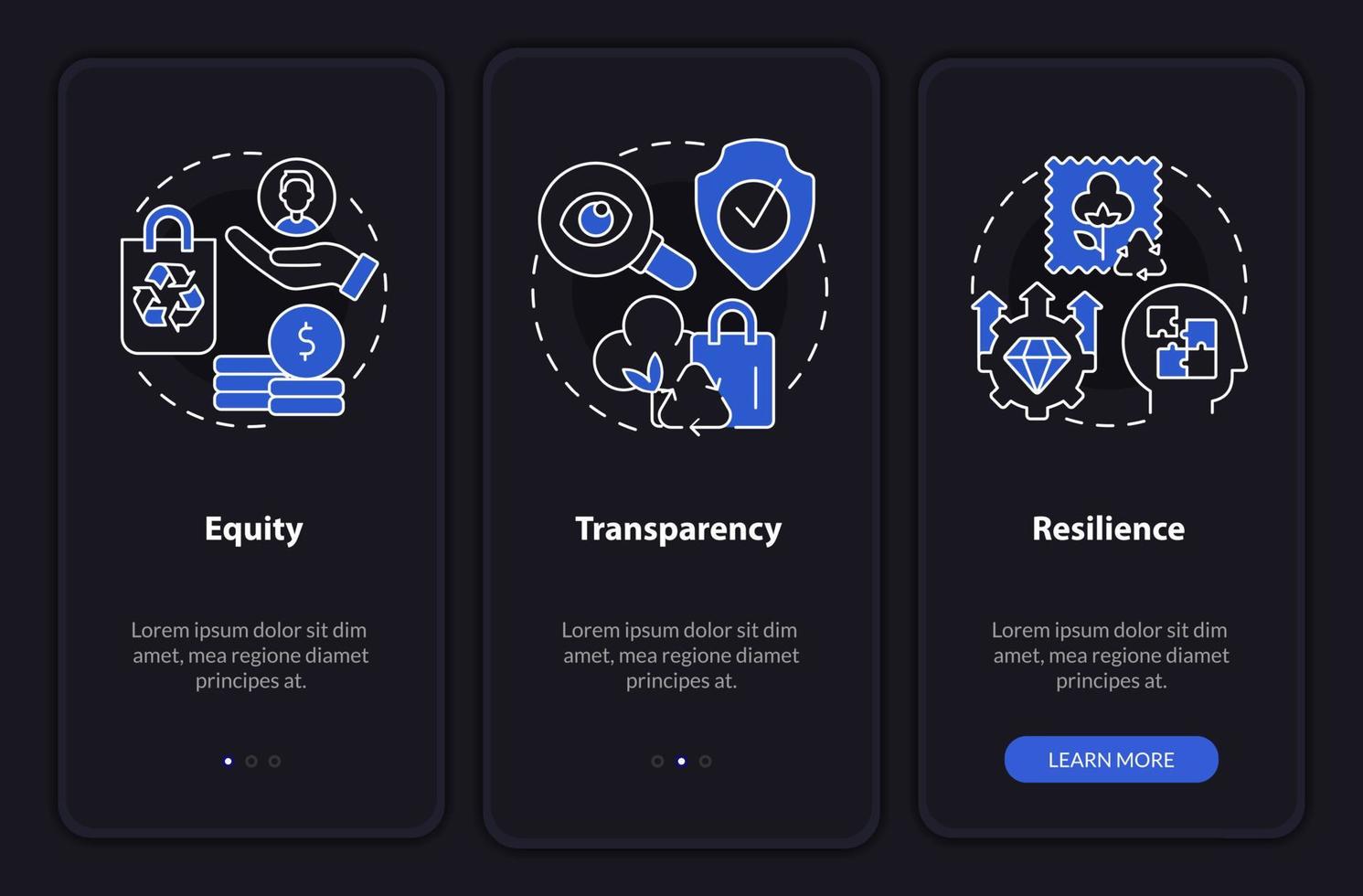 circulaire economie belangrijkste principes nachtmodus onboarding mobiele app-scherm. walkthrough 3 stappen grafische instructiepagina's met lineaire concepten. ui, ux, gui-sjabloon. vector