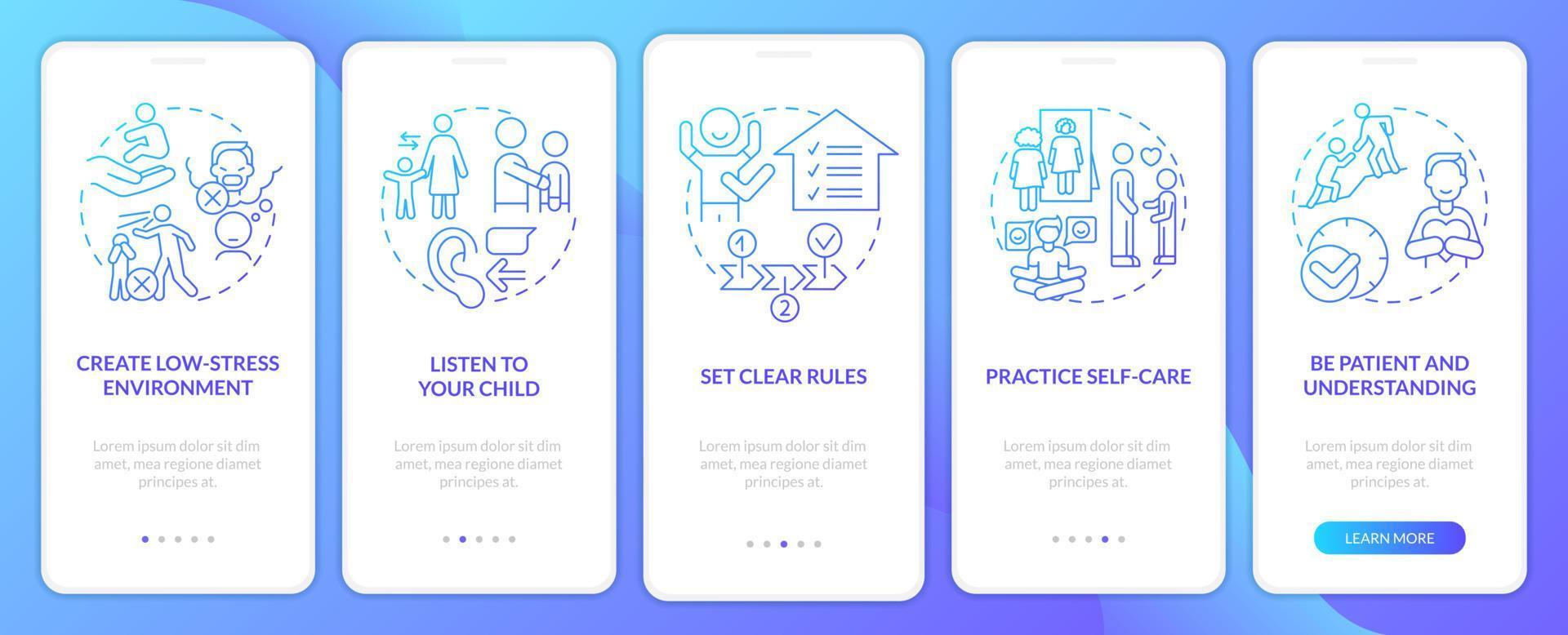 gedragsstoornis ouder tips blauw verloop onboarding mobiele app-scherm. walkthrough 5 stappen grafische instructiepagina's met lineaire concepten. ui, ux, gui-sjabloon. vector